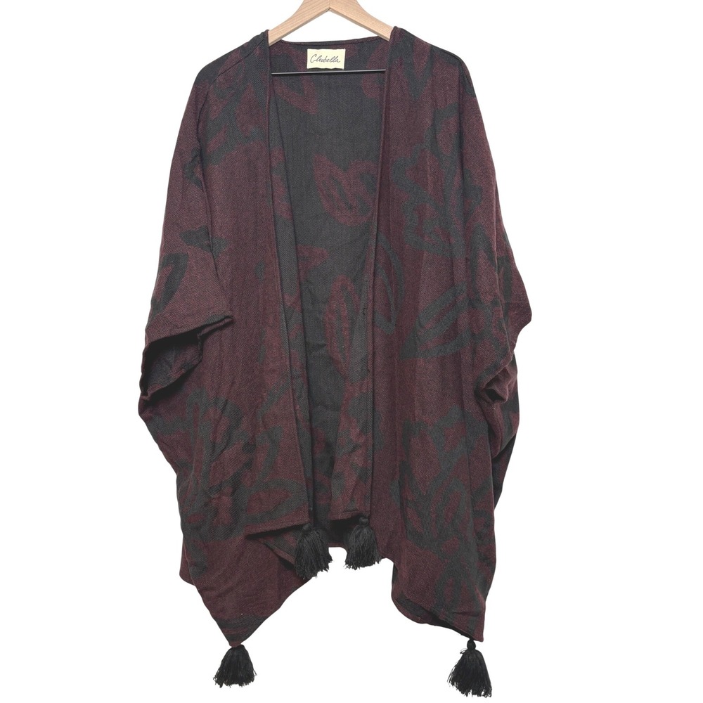 Cleobella Burgundy Black Floral Jacquard Kimono Tassel Trim Open Front One Size